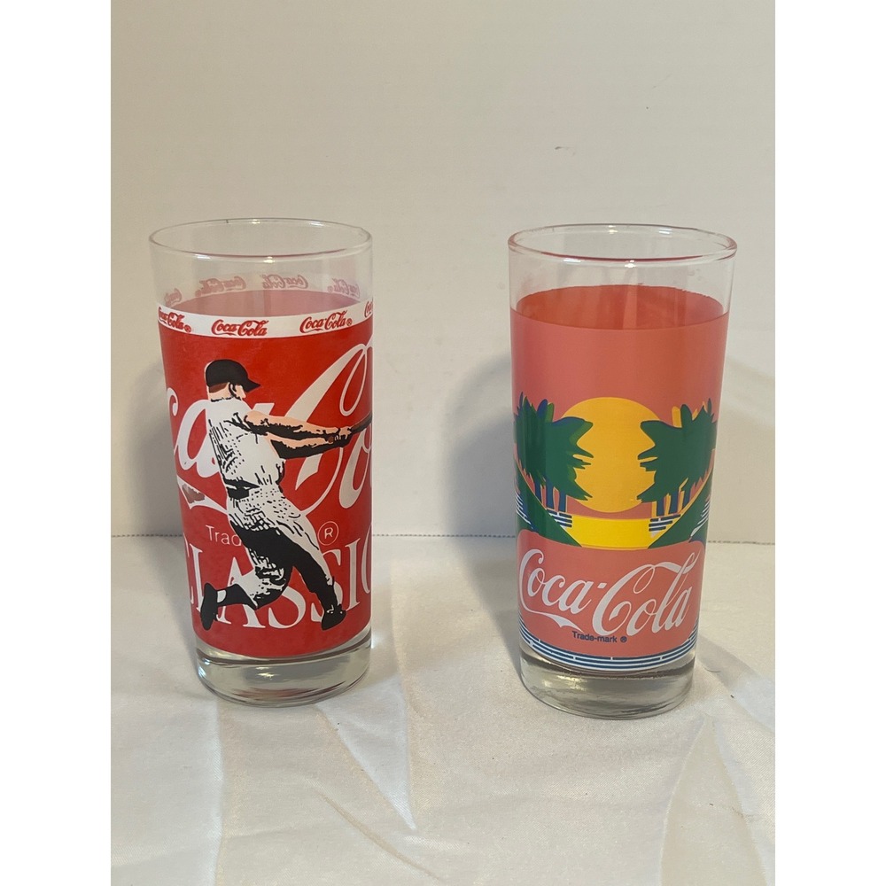Coca Cola Glasses‎ Set Baseball Sunset Palm Trees Vintage Collectible